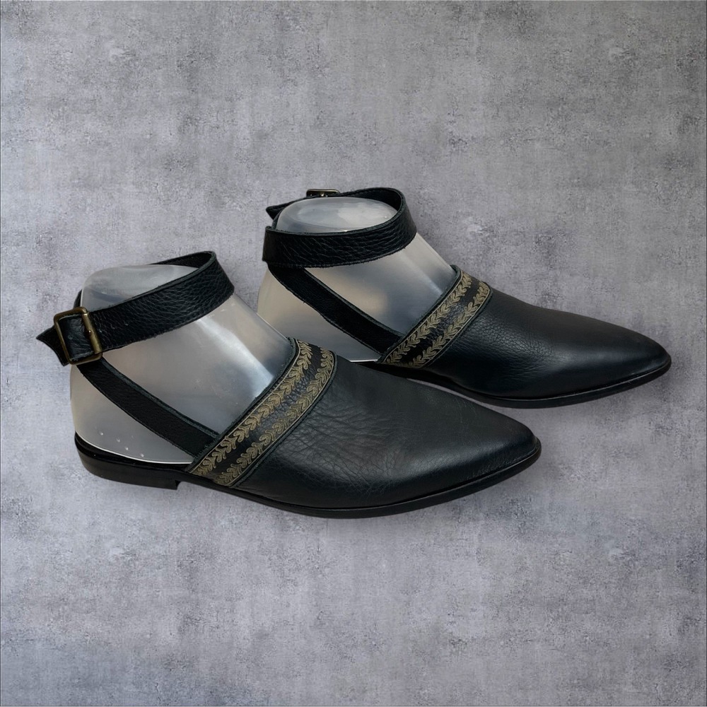 Pilcro Anthropologie Ankle Strap Black Leather Pointed Toe Flats Womens 37‎ US 7